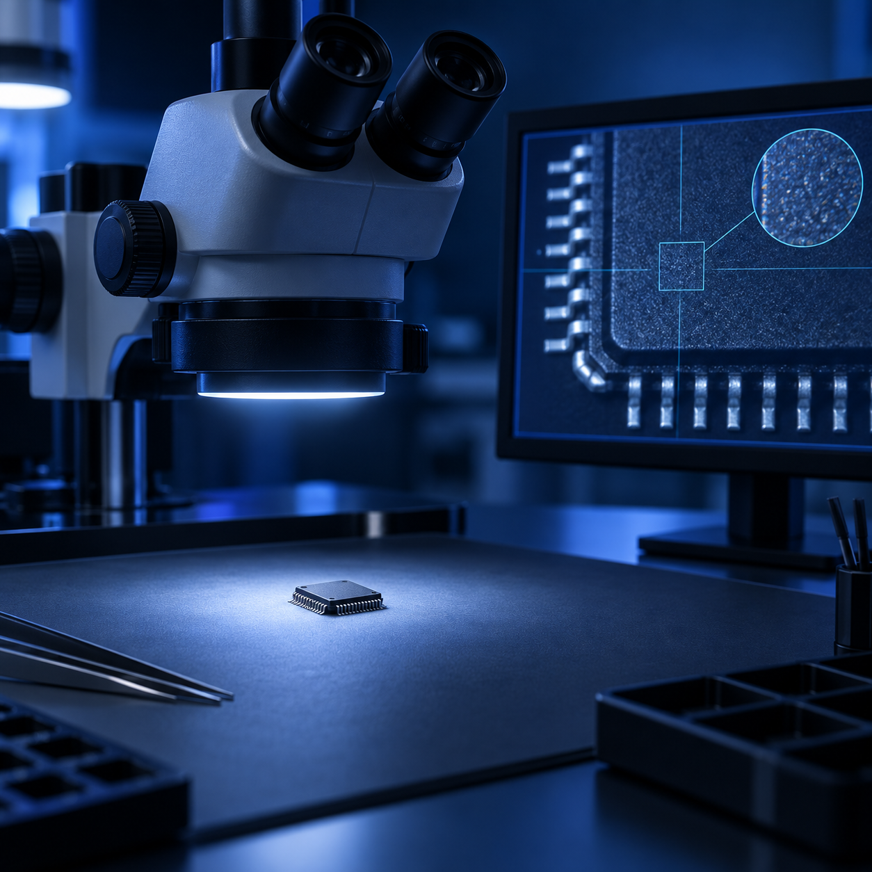 Conceptual illustration of external visual inspection under a microscope